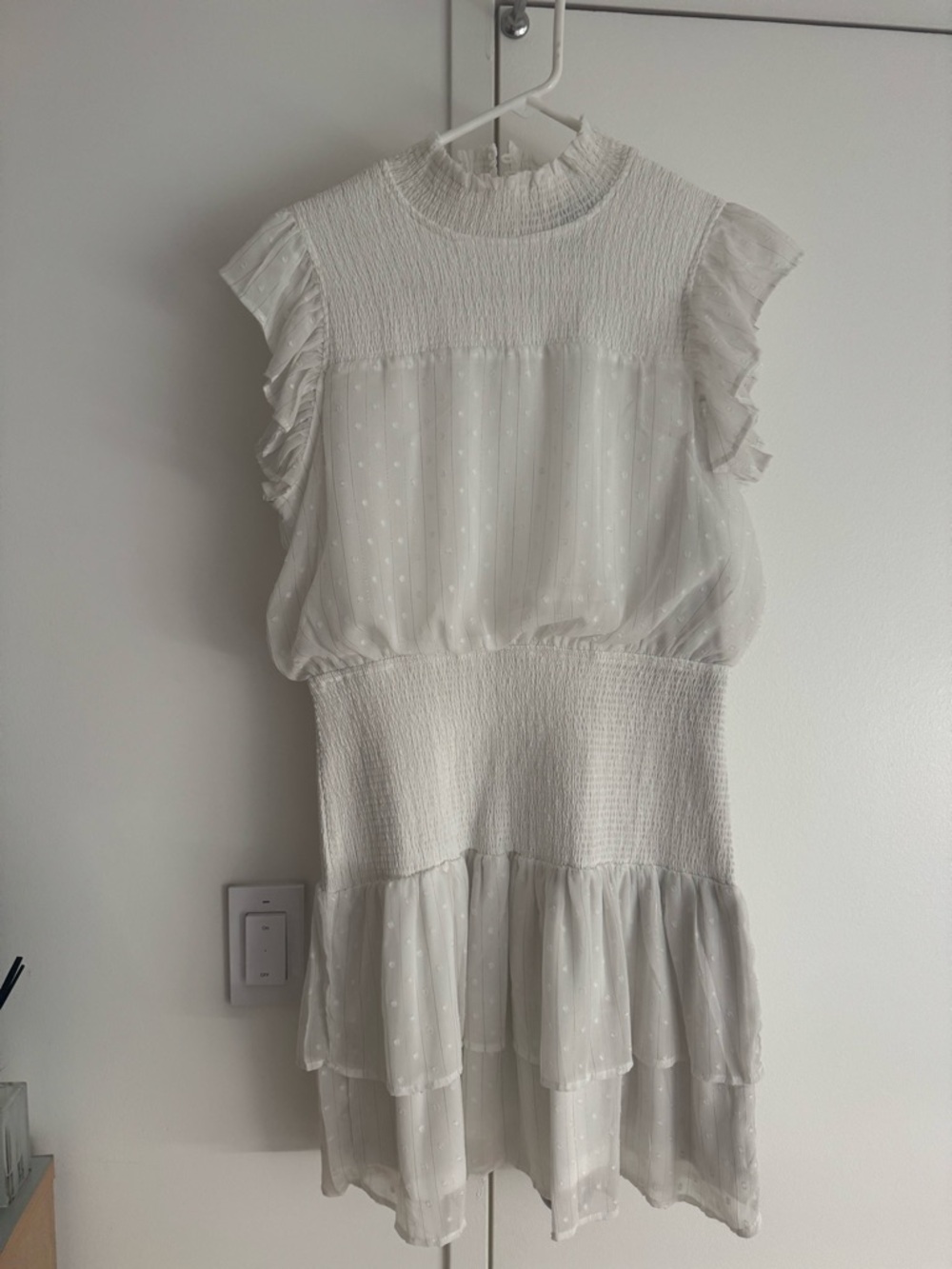 Aqua White Textured Ruffle Neck Dress